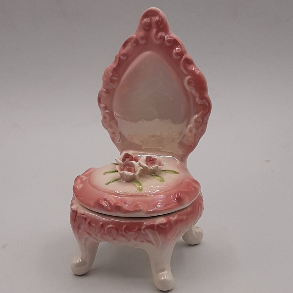 Vintage Pink High Chair Trinket Dish With Lid Flowers Lusterware Ceramic Japan